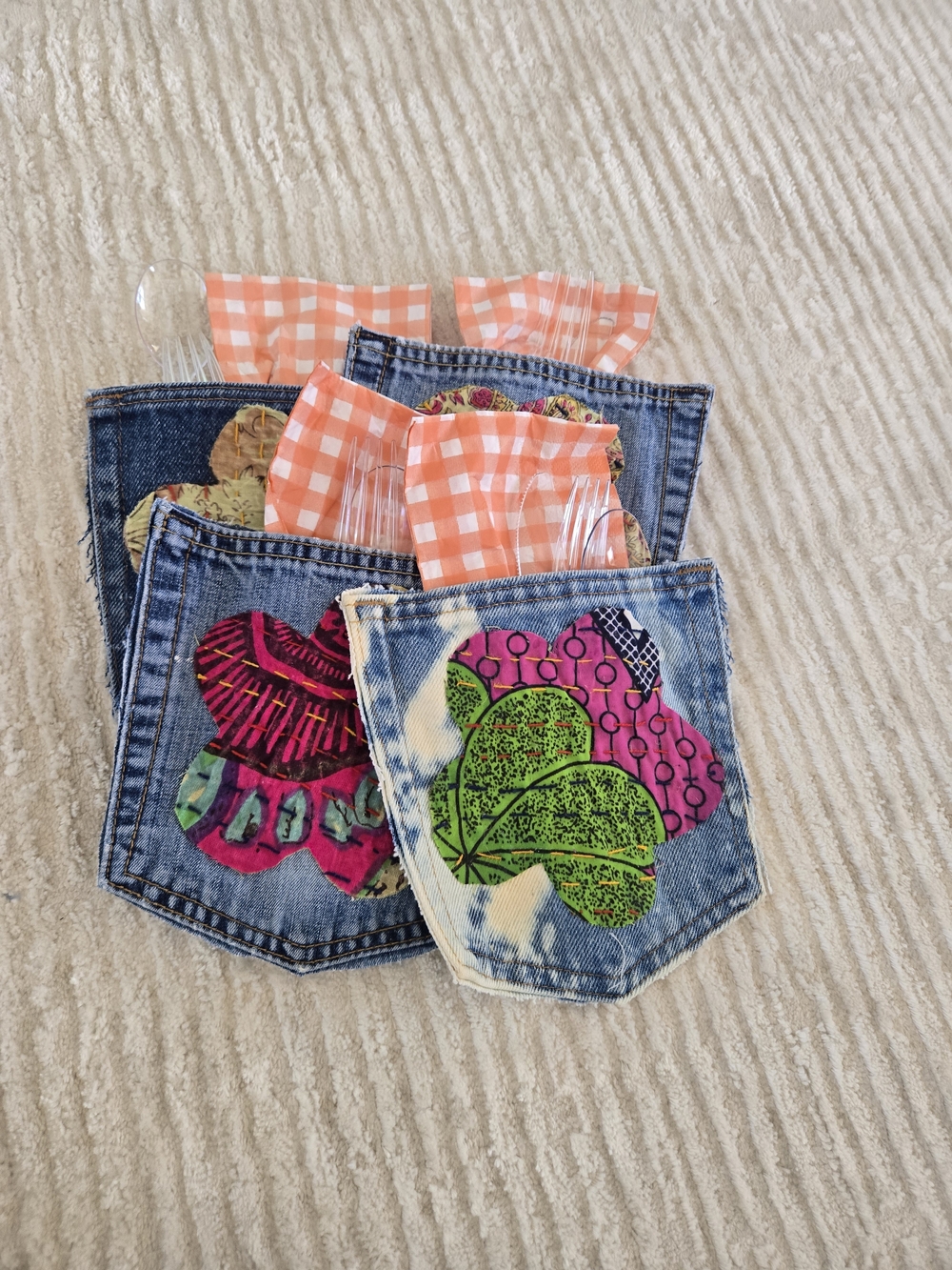 Handmade  Denim Pocket Organizer with Pink & Green Applique